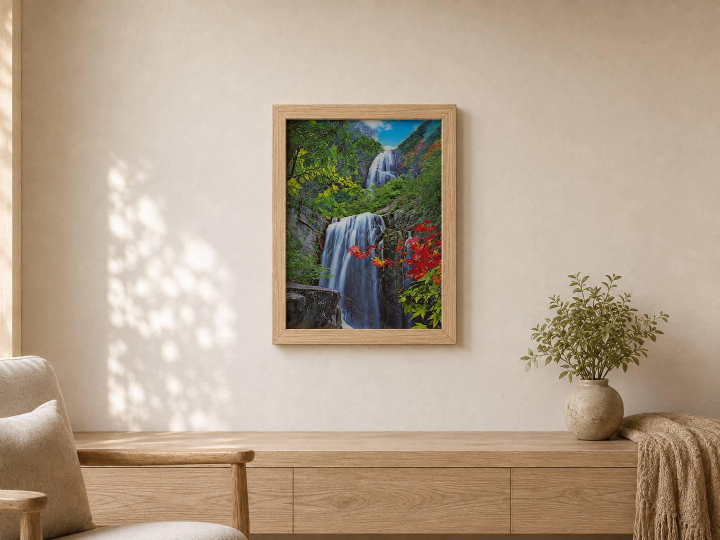 Framed Two-Tier Forest Waterfall 3D lenticular artwork displayed at natural scale