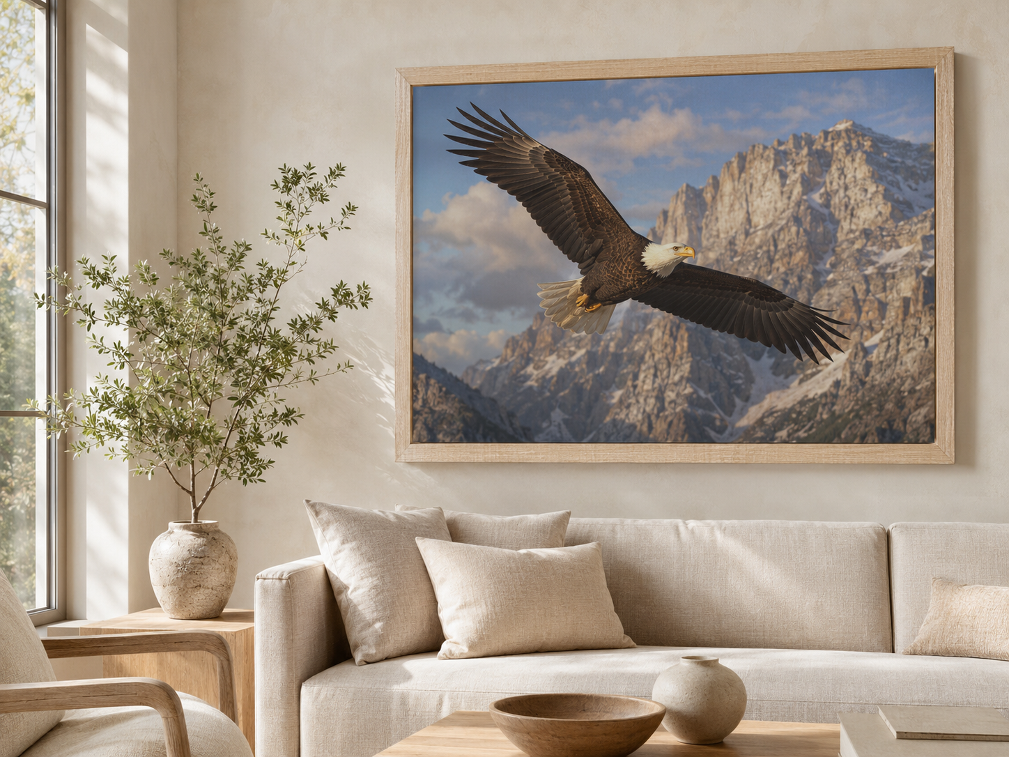Eagle lenticular artwork displayed in a handcrafted white oak frame