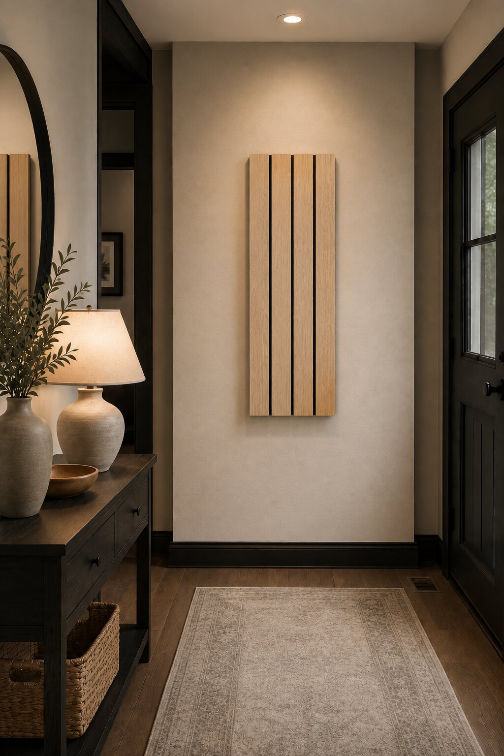 Light oak ready-hang wall art in an entryway