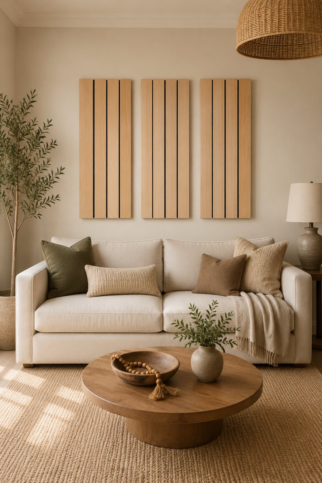 Three light oak ready-hang wall-art panels above a sofa