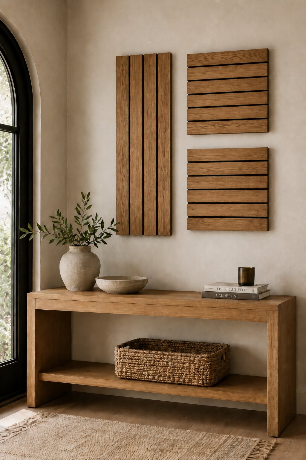 Mixed vertical and horizontal dark-oak wall-art arrangement