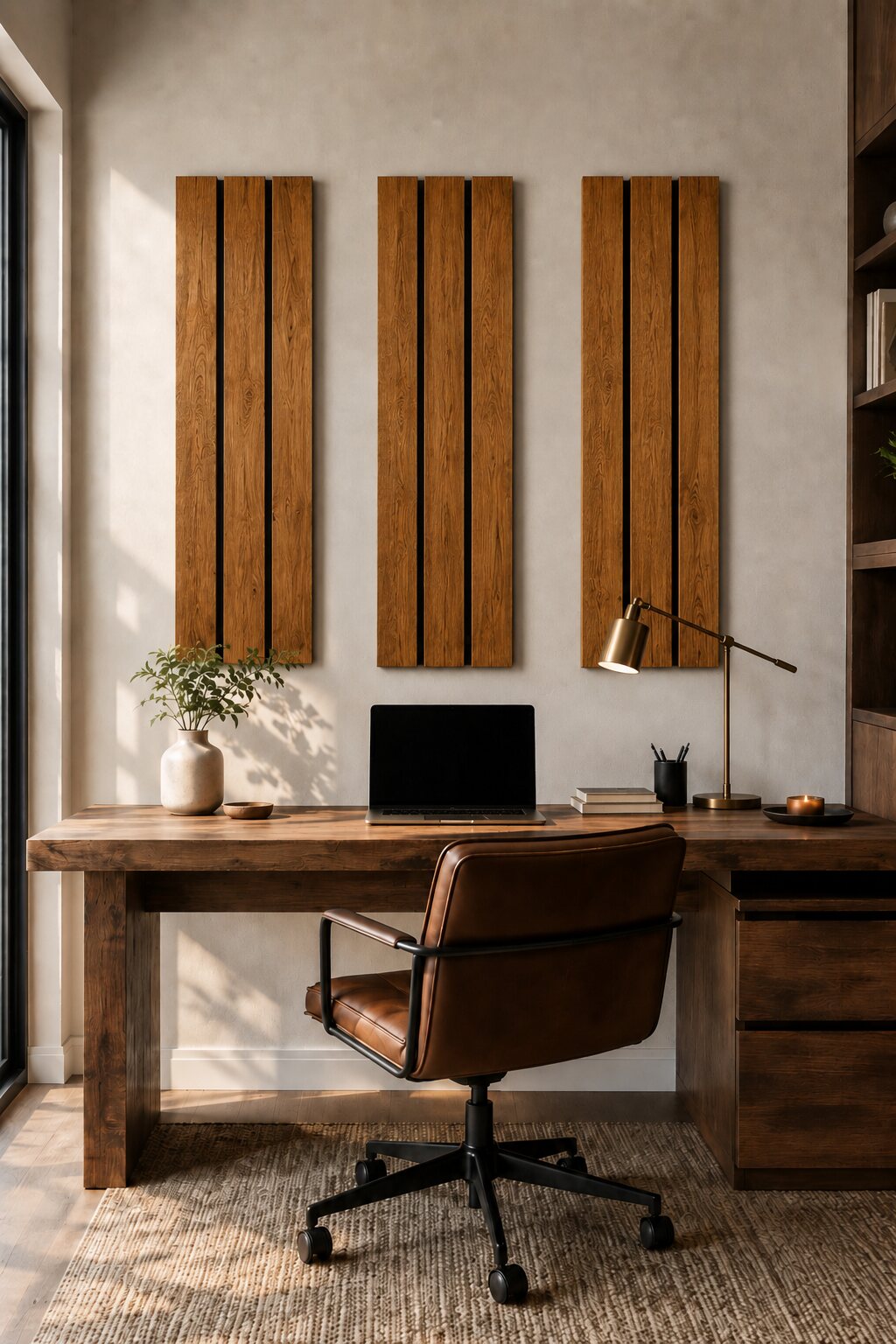 Three tall ready-hang oak wall-art panels above a home-office desk