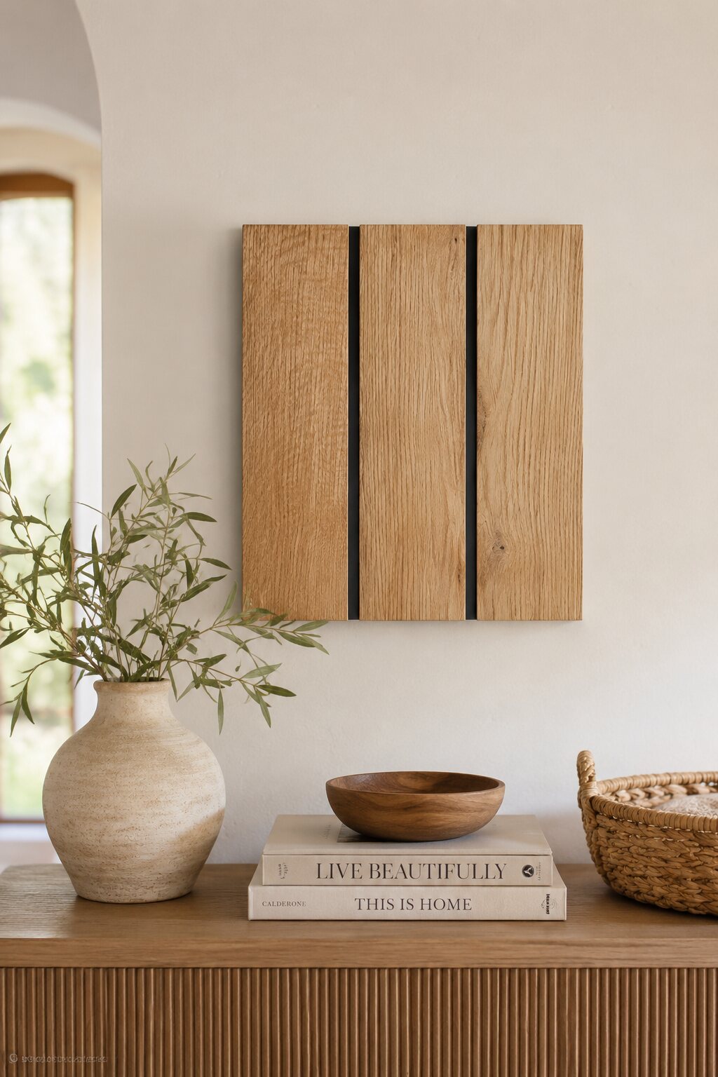 Small ready-hang oak wall-art panel in a bright entryway