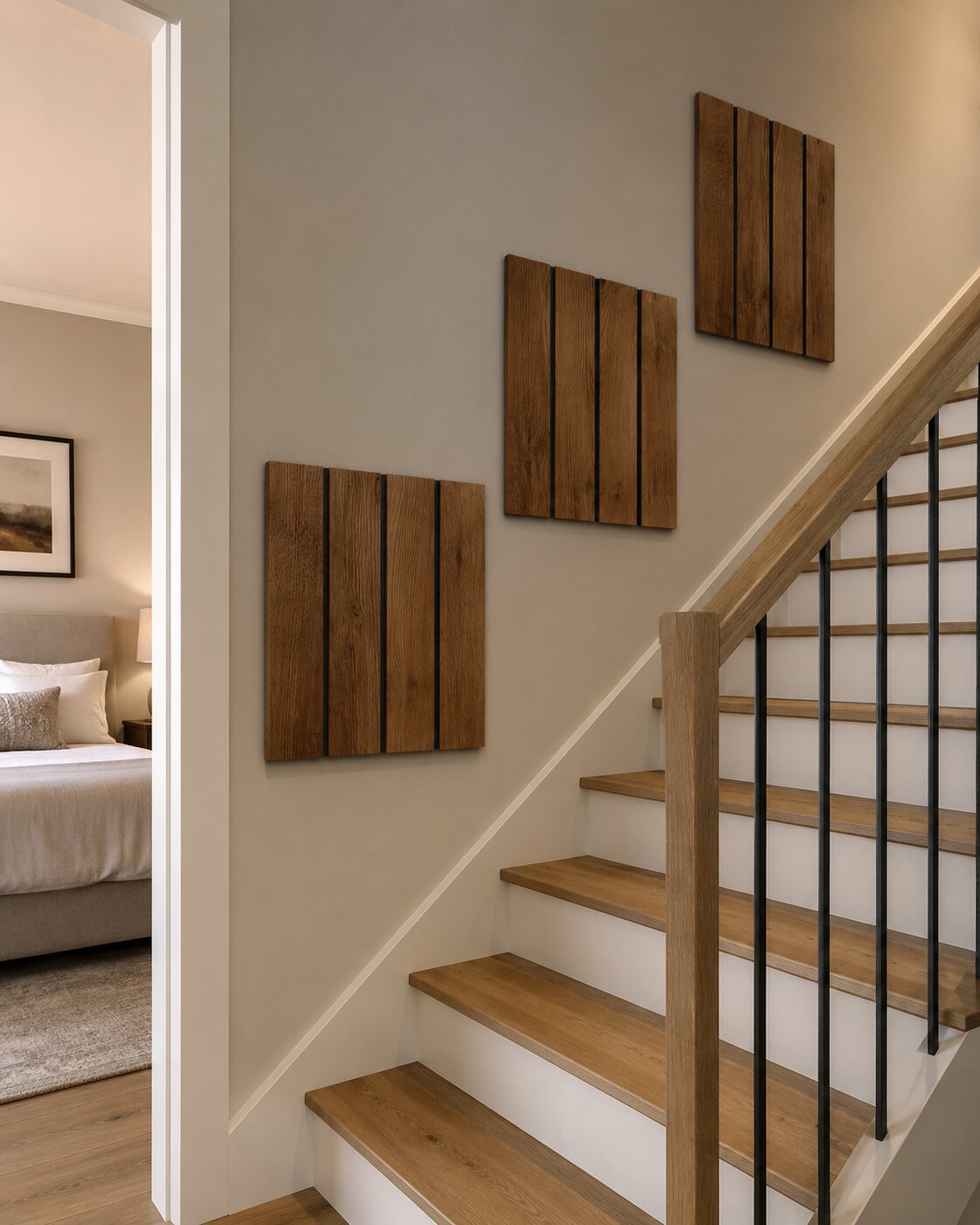 Three dark-oak ready-hang wall-art pieces arranged along a staircase