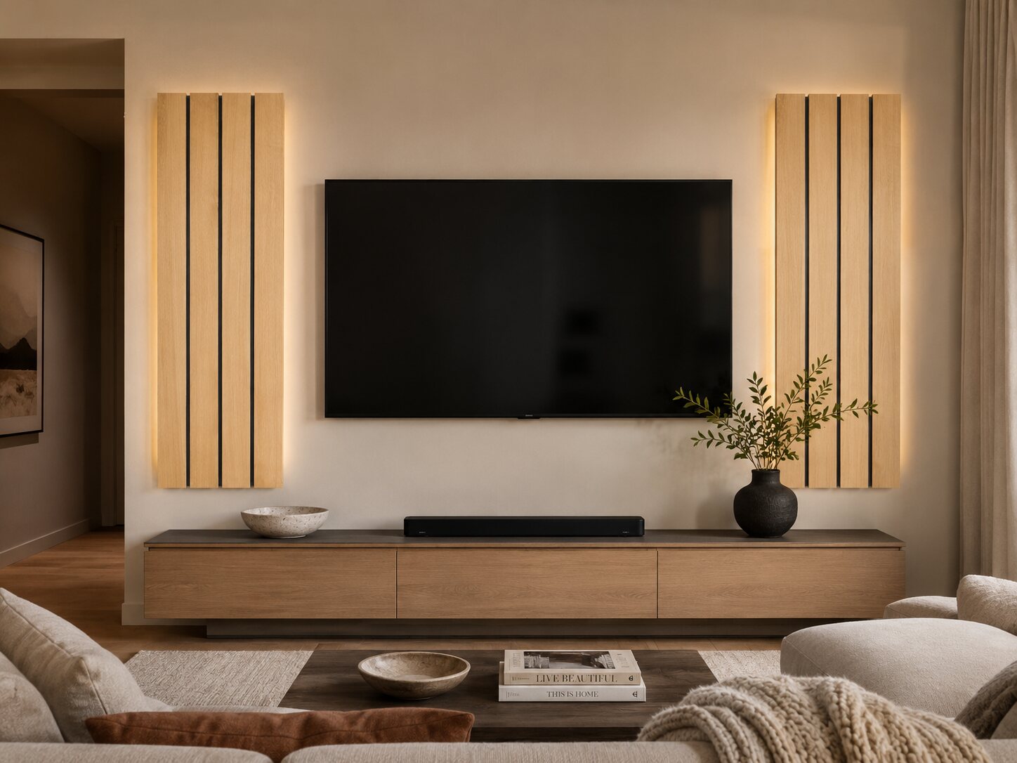 Light-finished oak wall panels flanking a television