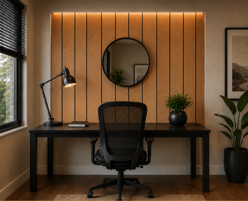 Premium quarter-sawn white oak feature wall in a home office