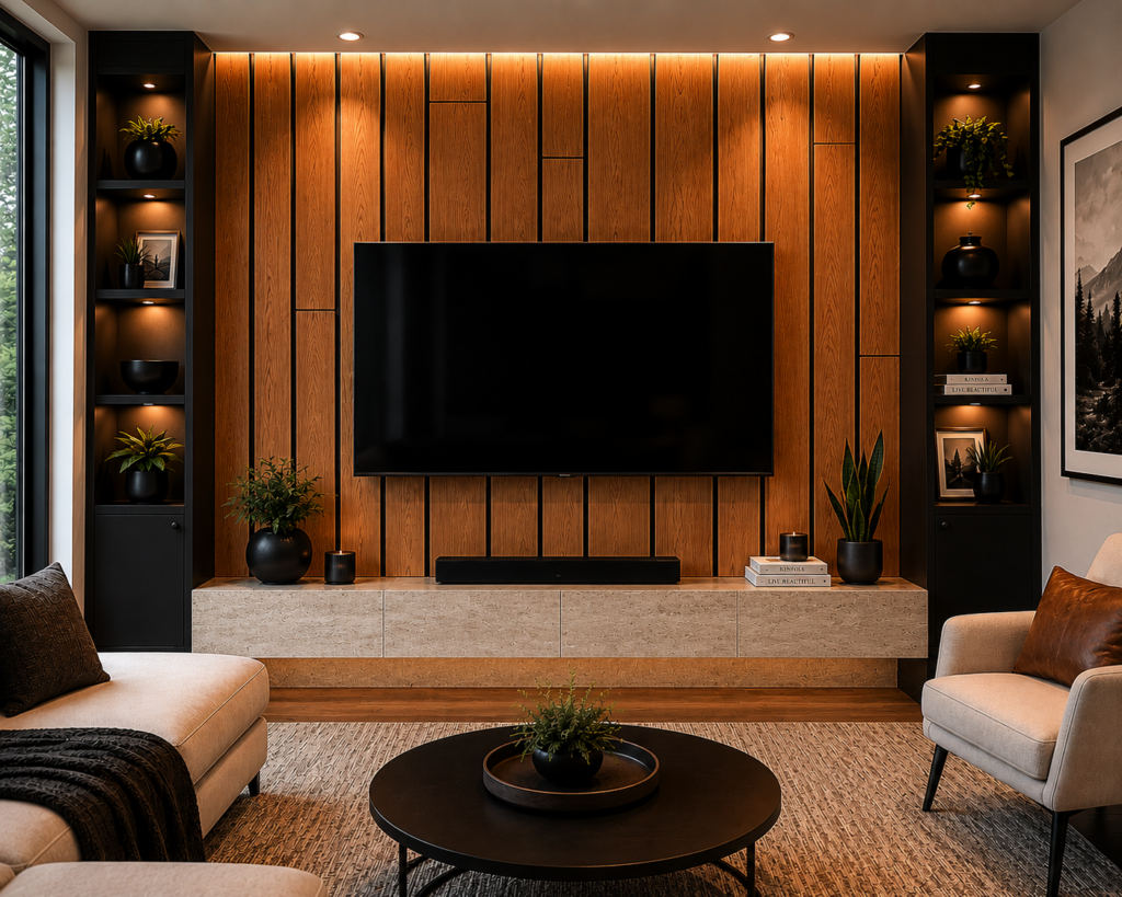 Quarter-sawn white oak accent wall surrounding a television