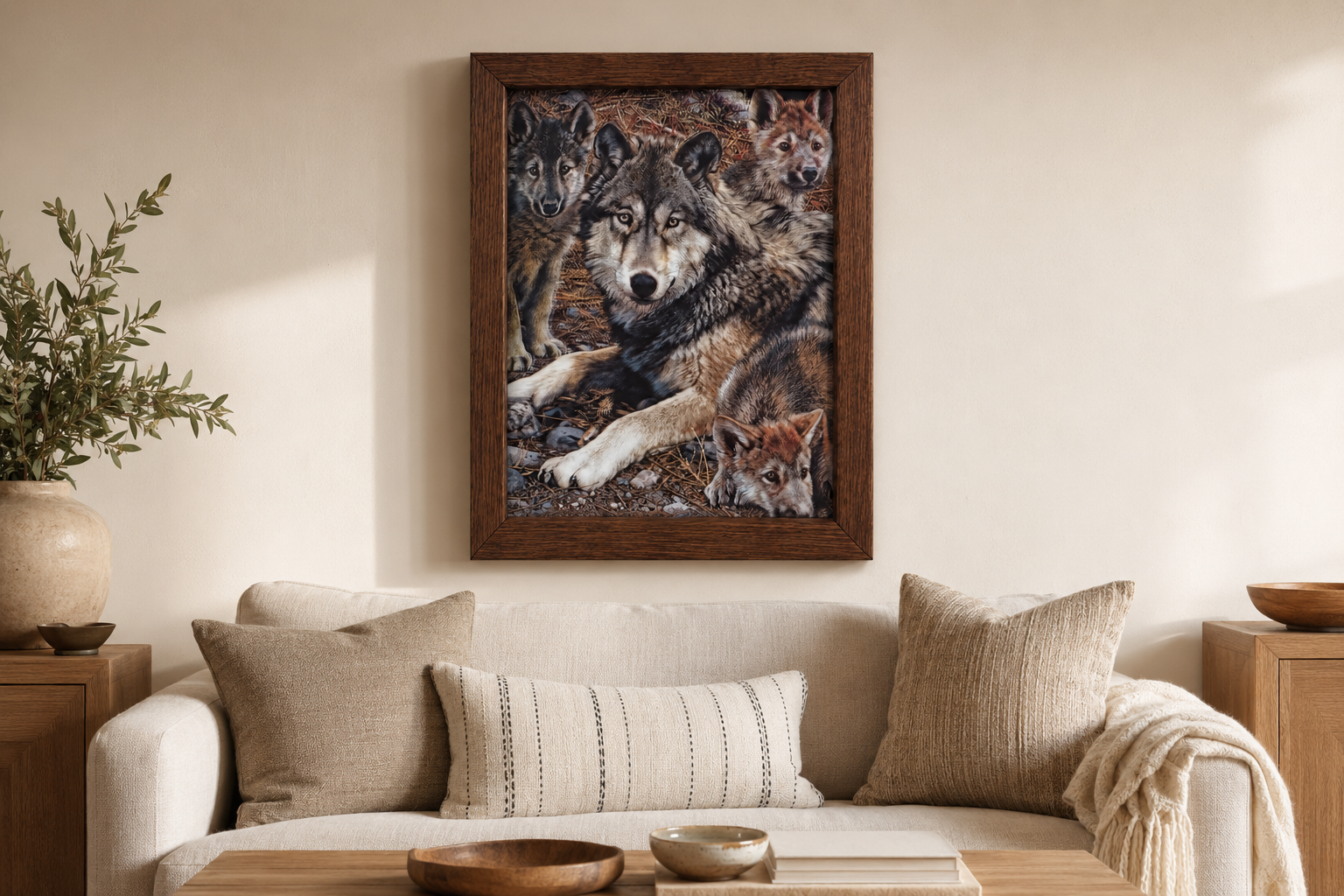 Wolf Portrait in the Wilderness 3D lenticular artwork displayed in a warm living room